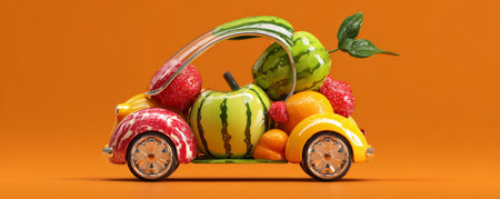 Bright colorful fruit filled toy car on orange background conveying playful fresh summer moodの素材