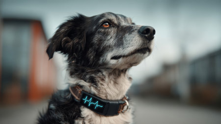 Loyal mixed breed dog with smart health collar monitoring heart rate on urban street at dusk, calm attentive expressionの素材