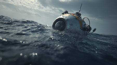 Deep sea capsule bobbing in rough ocean under moody sky, isolated survival craft with antenna and portholeの素材