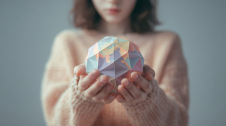 Woman holding geometric paper globe in soft light, pastel tones, hopeful mood, sustainable conceptの素材