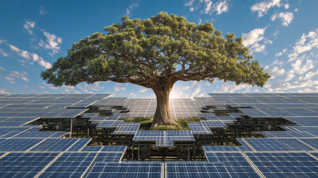 Mature oak tree solar panel field renewable energy landscape blue sky sunlightの素材
