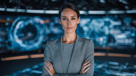 Confident professional woman in modern control room with digital displays, arms crossed, determined expression, cool blue lightingの素材