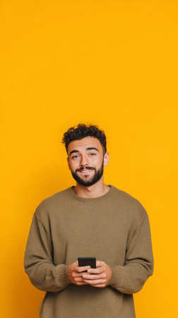 Smiling man in brown sweater holding smartphone against bright yellow background, casual confident expression and warm moodの素材