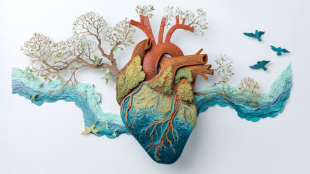 Surreal anatomical heart transforming into landscape with river, tree branches and birds, organic texture and vibrant blue green paletteの素材