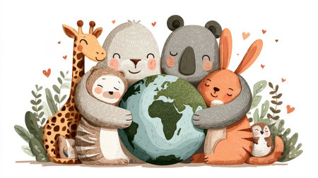 Cute animal group hugging earth globe with hearts and leaves showing friendship and environmental careの素材