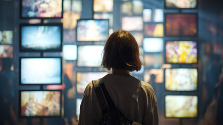 Woman with shoulder bag viewing illuminated gallery wall of multiple screens in museum exhibit, contemplative moodの素材