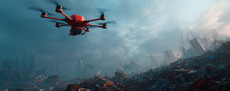 Red drone flying over postapocalyptic city rubble at dusk, dramatic clouds and orange lighting evoke tensionの素材