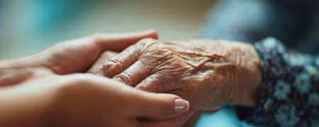 Elderly hand held gently by younger hand conveying care and compassion in warm soft lightの素材