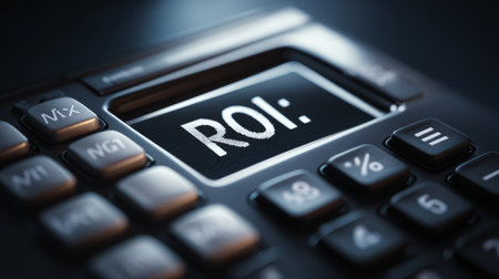 ROI calculation on business calculator showing return on investment concept with finance focus and analytical moodの素材