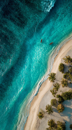 Turquoise sea beach palm tree sand boat aerial view tropical coastline ocean shoreの素材
