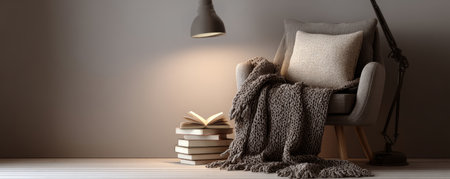 Cozy reading nook armchair knitted blanket stack of books floor lamp soft pillow warm light wooden floorの素材