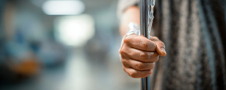 Elderly patient hand gripping IV pole in hospital hallway, medical treatment and fragile recovery mood conveyedの素材