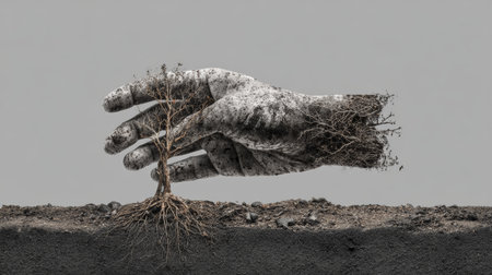 Ancient stone hand cradling small leafless tree with exposed roots above barren soil, evoking resilience and fragile protectionの素材