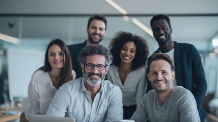 Smiling diverse business team in office meeting, middle aged manager with glasses leads collaborative groupの素材