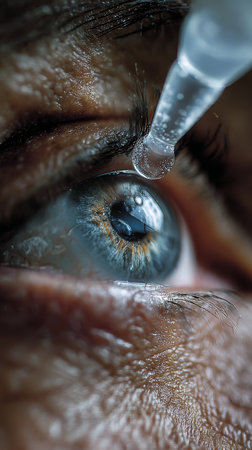 Blue eye close up with eye dropper applying liquid gentlyの素材