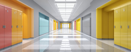 Modern school hallway with colorful lockers and polished floor creating bright inviting atmosphereの素材