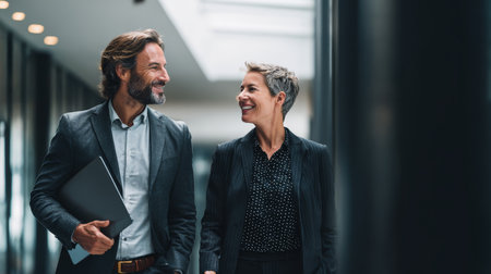 Mature businessman businesswoman corridor office smiling professionalの素材