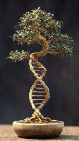 Golden twisted bonsai tree forming DNA double helix symbolizing nature and genetic connection, delicate leaves and textured wooden pot exudingの素材