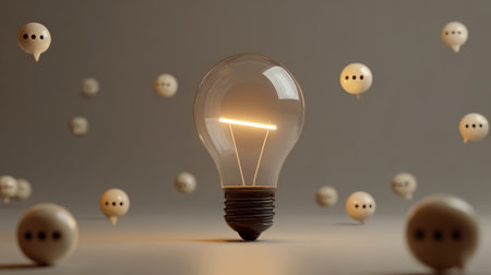 Glowing light bulb with floating speech bubbles symbolizing idea and communicationの素材