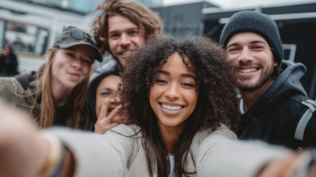 Smiling young woman taking selfie with diverse friends outdoors, joyful urban group capturing happy momentの素材