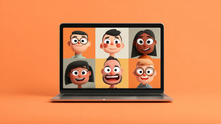 Cheerful video call with six diverse smiling faces on laptop screen, bright orange background and friendly atmosphereの素材
