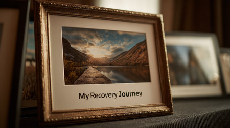 My recovery journey framed photograph landscape sunset lake pier reflection warm moodの素材