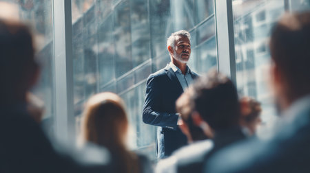 Confident businessman speaking at corporate meeting with blurred audience in modern glass officeの素材