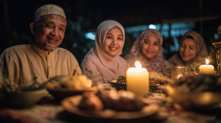 Muslim family sharing candlelit dinner and smiling together during festive eveningの素材