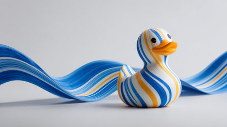 Striped rubber duck with flowing blue ribbon pattern and playful expression, studio background, whimsical moodの素材