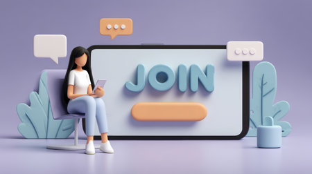 Young woman with mobile phone sitting by large join button on smartphone screen, pastel colors, social media concept, calm moodの素材