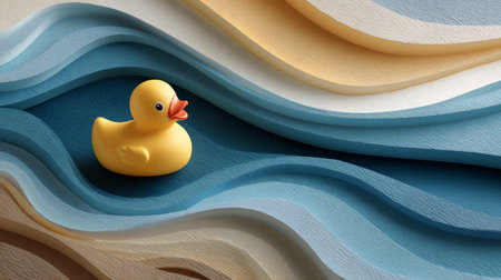 Rubber duck yellow duck blue wave layered paper textured paper bath toy toy duck sea concept surfacing playful moodの素材
