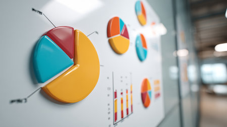 Colorful pie chart and bar graph on office whiteboard showing data visualization and teamwork collaboration in modern workspaceの素材