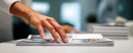 Hand touching magazine hand touching paper woman hand manicured nails stack of magazines close up indoorの素材