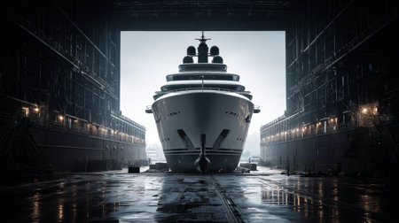 Luxury yacht bow in shipyard dry dock at dawn with moody reflections and industrial scaffoldingの素材