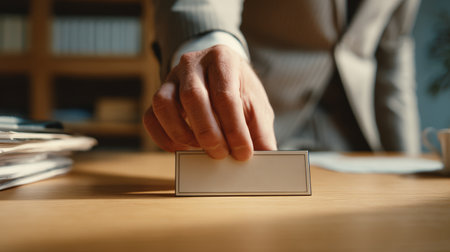 Blank name card being placed on wooden desk by hand conveying introduction and professionalism in warm office settingの素材