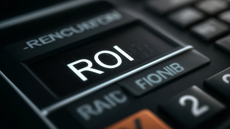 ROI concept on illuminated calculator display with blurred keysの素材
