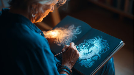 Elderly woman sketching glowing dragon illustration in sketchbook by warm lamp light, focused creative momentの素材