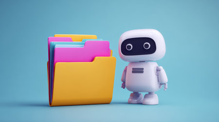 Cute robot with colorful file folder and organized documents standing on blue backgroundの素材
