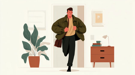 Young man running into room wearing jacket and carrying satchel, energetic arrival with warm indoor lightingの素材