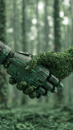 Green circuit robot hand and moss covered human hand shaking in forest, symbolizing sustainable technology and harmony with natureの素材