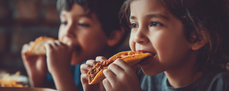 Happy children eating taco with meat filling and smiling while sitting at tableの素材