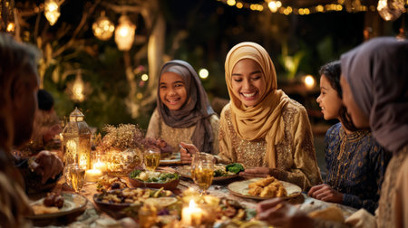 Muslim family celebrating festive dinner outdoors at night, smiling women in hijab share food and warm lightsの素材