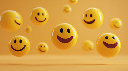 Happy smiley face yellow smiley floating emoji joyful face cheerful emotion glossy sphere happiness concept orange background emoticon ball modernの素材