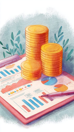 Golden coin stacks on financial report with charts and pen, conveying investment growth and financial analysisの素材
