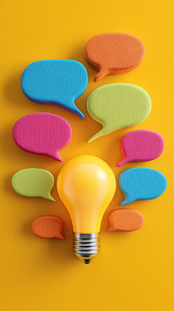 Bright yellow light bulb with colorful speech bubble sponges floating above representing creative idea and group discussion energyの素材