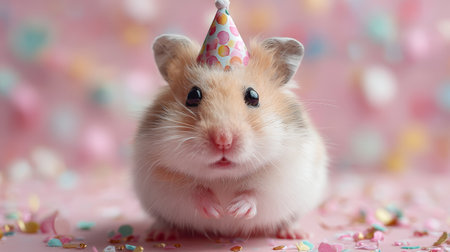 Cute white and tan hamster wearing small party hat surrounded by pastel confetti, joyful birthday celebration moodの素材
