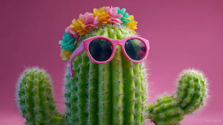Cactus with pink sunglasses and floral headband, summer vibe, playful tropical accessory, vibrant studio background, bright green plantの素材
