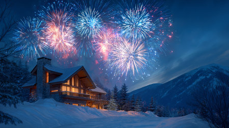 Cozy snowy mountain chalet with warm lights and colorful fireworks over pine trees and peaks, festive winter celebration under starry evening skyの素材