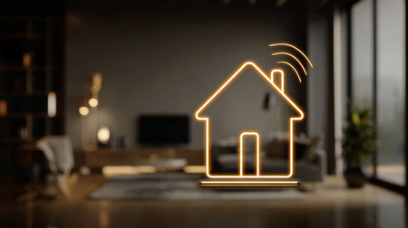Neon home icon, smart home, wireless signal, modern living room, glowing outline, technologyの素材