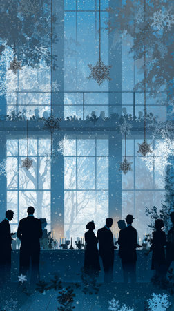 Elegant winter party indoor banquet large windows snowflakes silhouette guests evening celebration festive decor blue paletteの素材